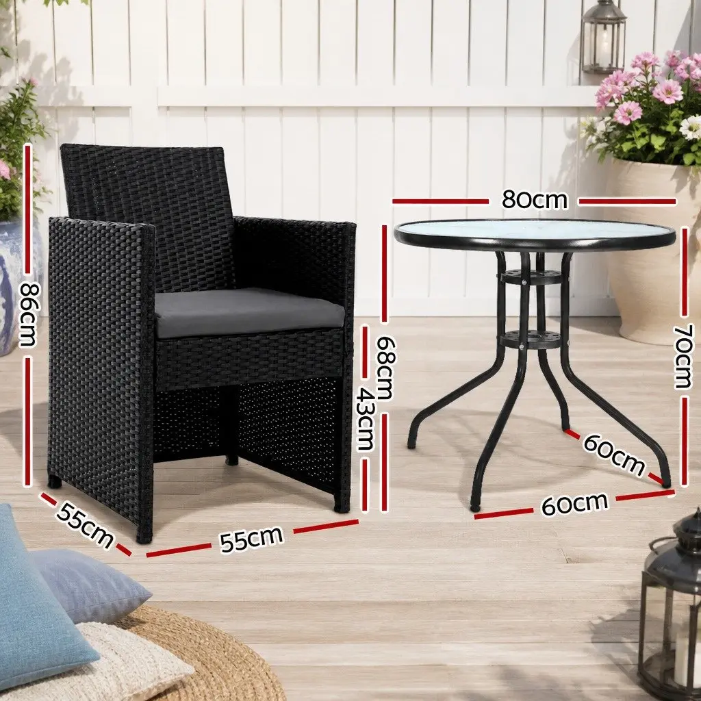 3PC Black Rattan Bistro Set with Glass Table