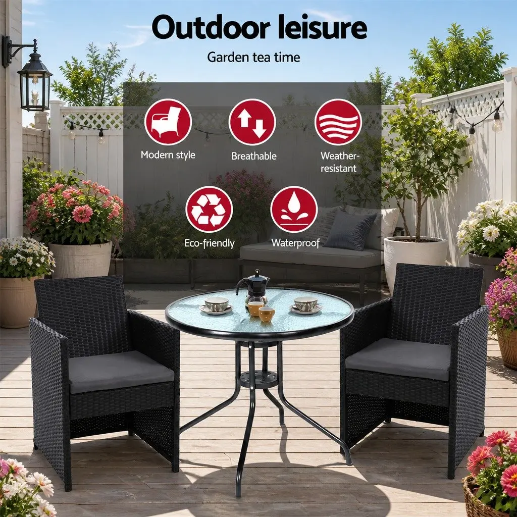 3PC Black Rattan Bistro Set with Glass Table