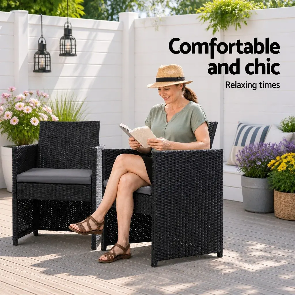 3PC Black Rattan Bistro Set with Glass Table
