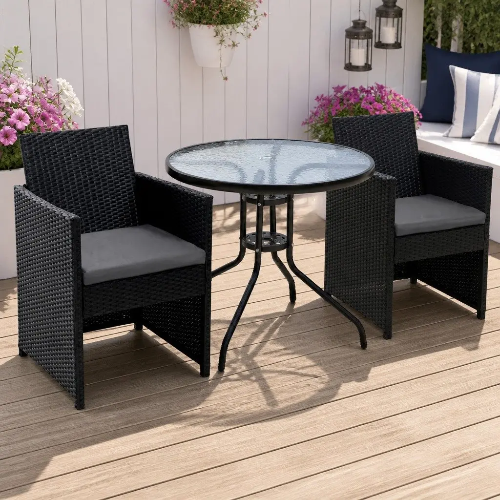 3PC Black Rattan Bistro Set with Glass Table