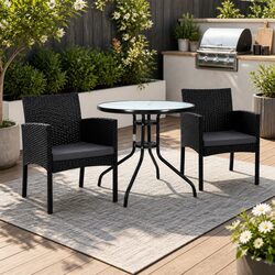 Stylish Black Rattan 3PC Outdoor Bistro Set with Glass Table