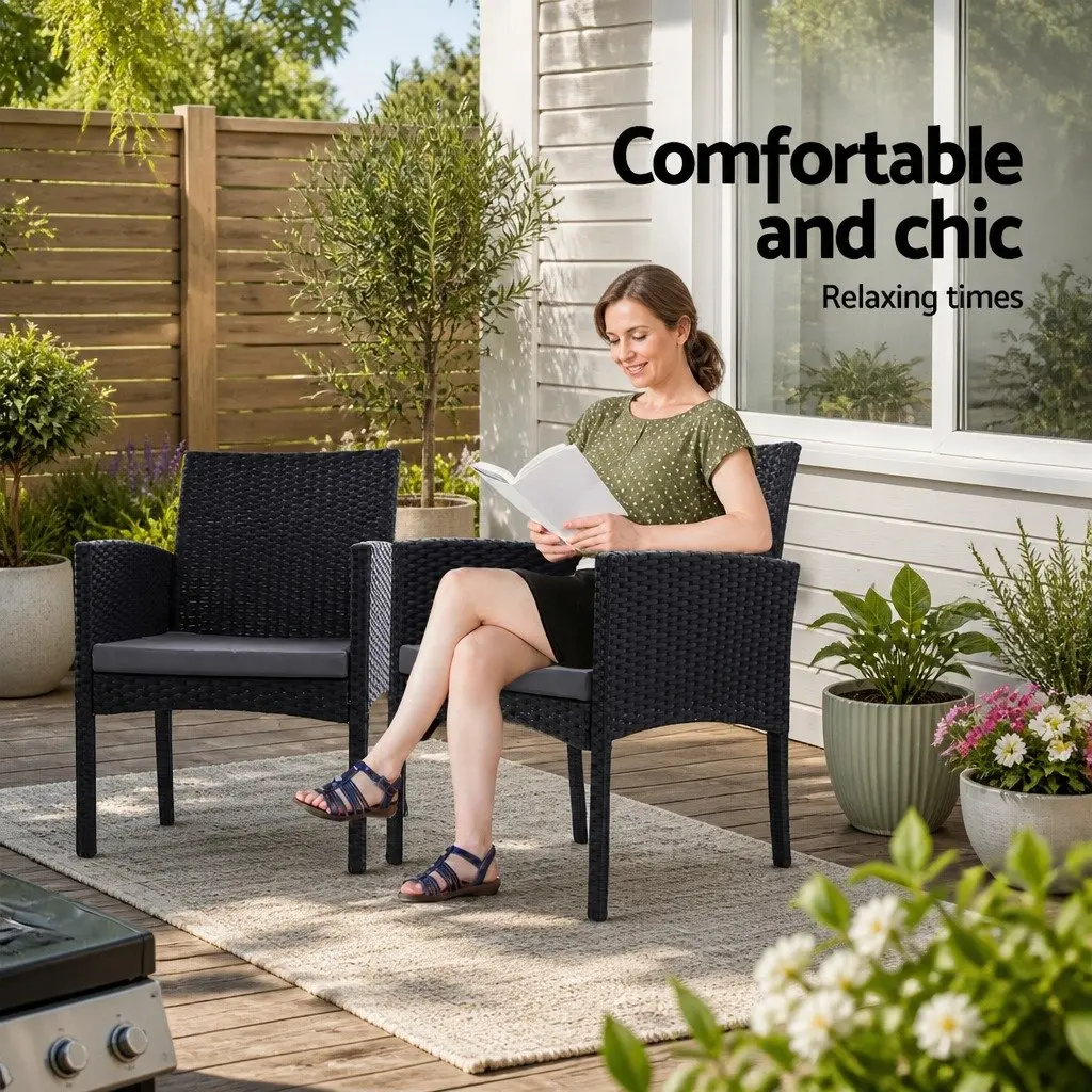 Black Rattan 3PC Outdoor Bistro Set with Glass Table