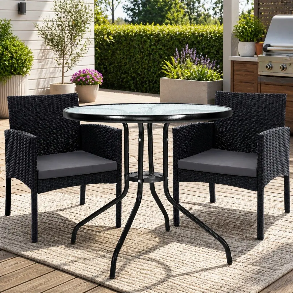 Black Rattan 3PC Outdoor Bistro Set with Glass Table