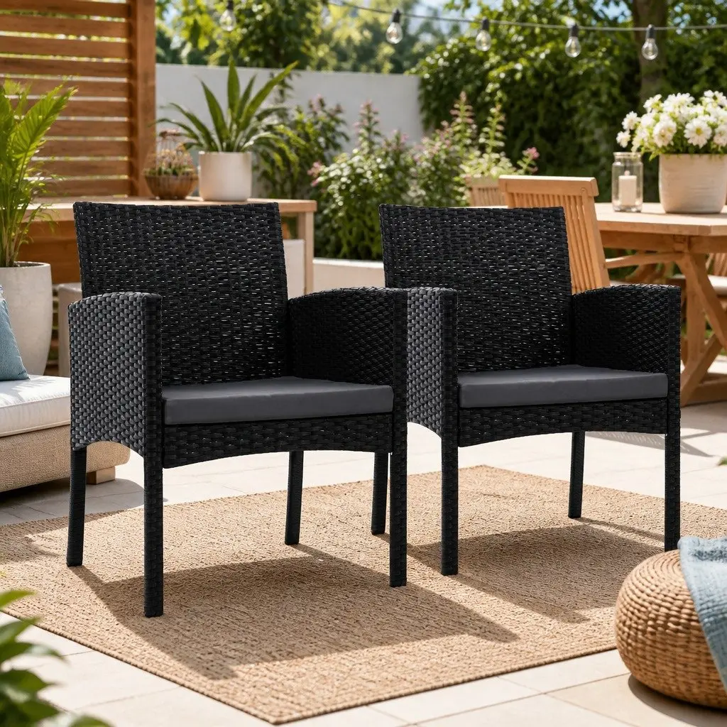 Outdoor Dining Chairs 2PC Rattan Set Black