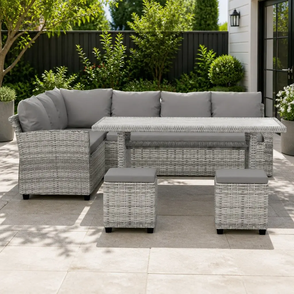 Outdoor Wicker Dining Set for 8 with Sofas & Ottomans