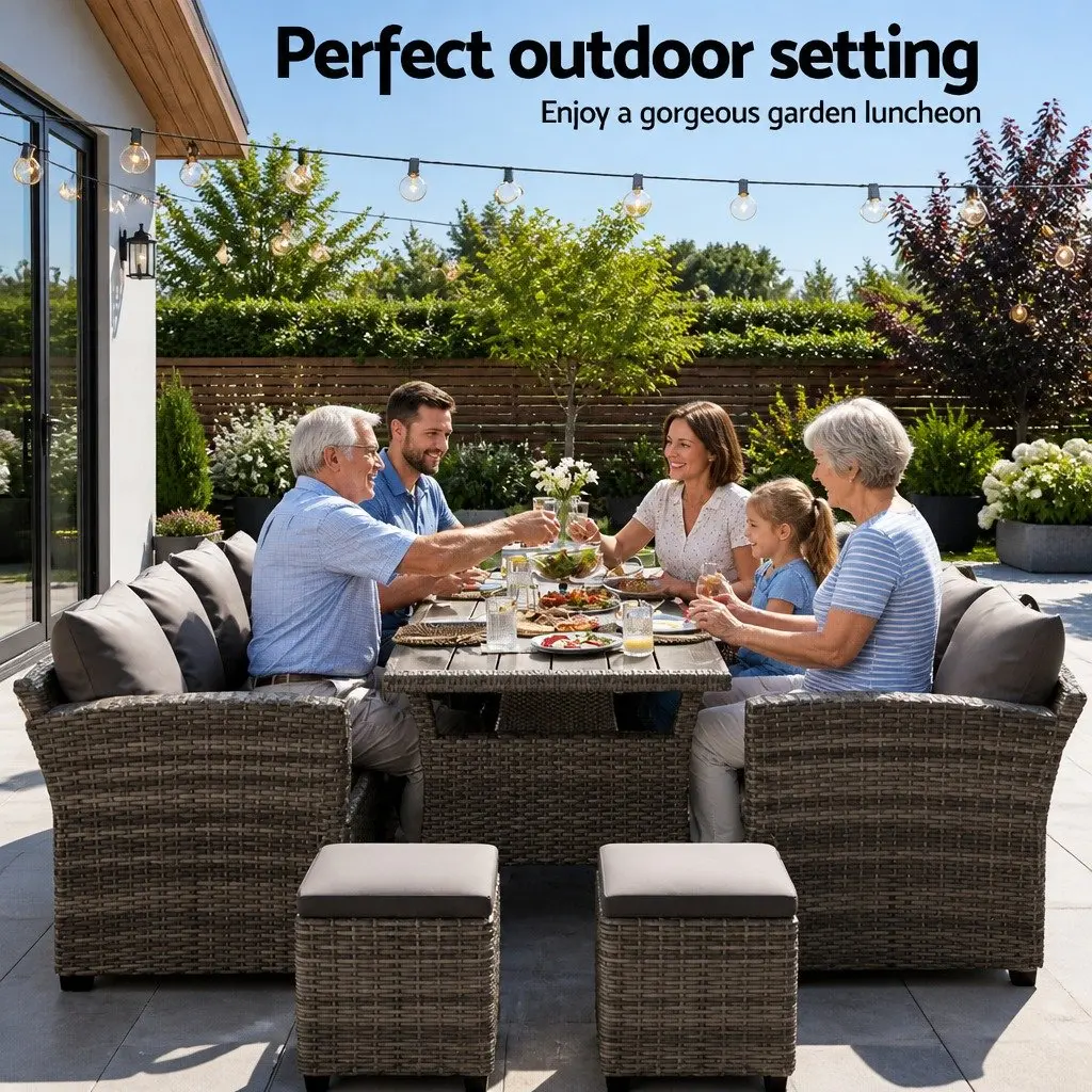 Outdoor Wicker Dining Set for 8 with Sofas & Ottomans