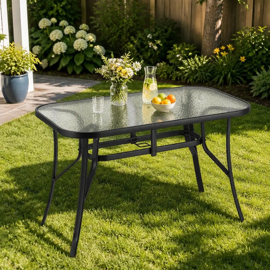 Outdoor Table Tempered Glass 120cm Black Steel Frame with Parasol Hole for Patio