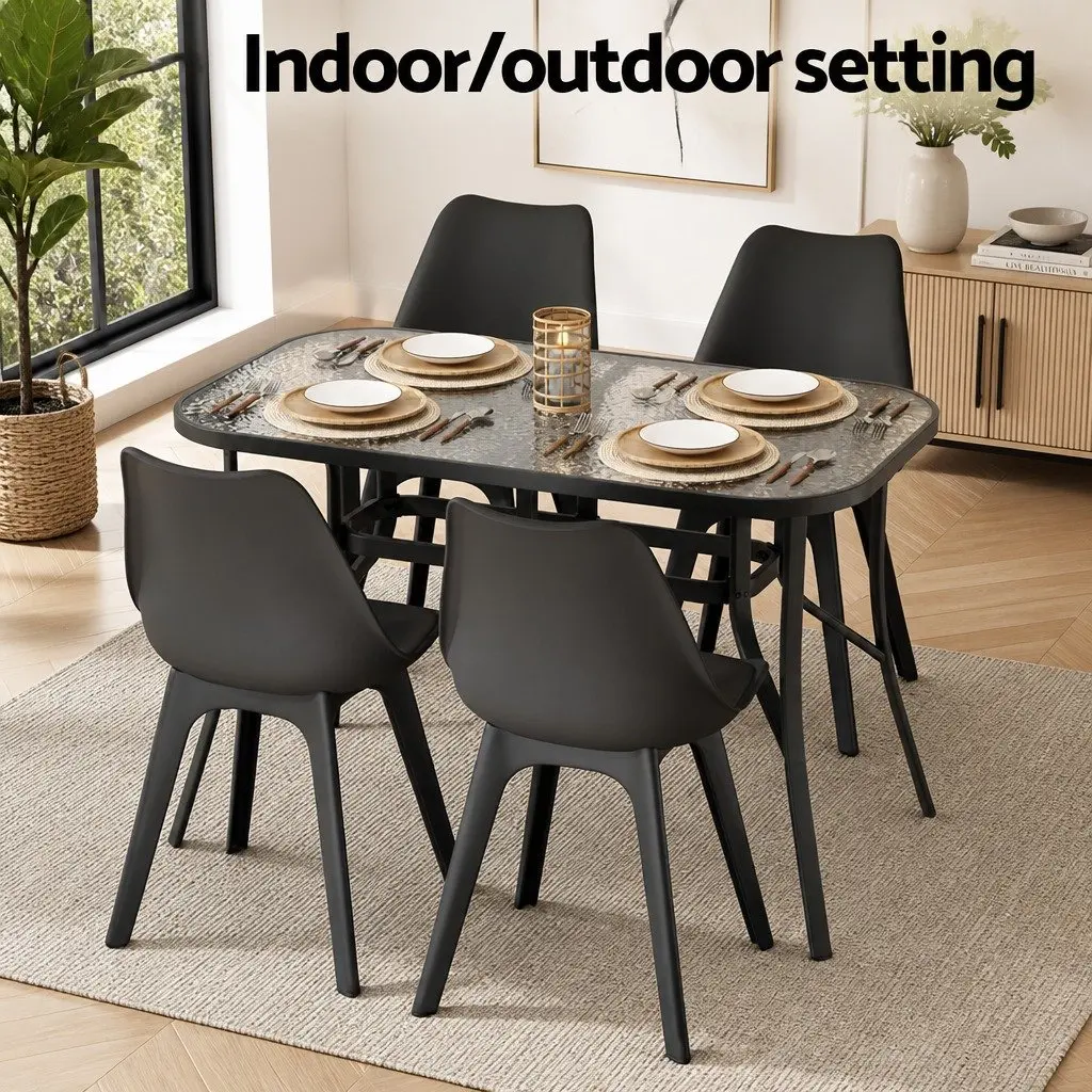 Outdoor Table Tempered Glass 120cm Black Steel Frame with Parasol Hole for Patio