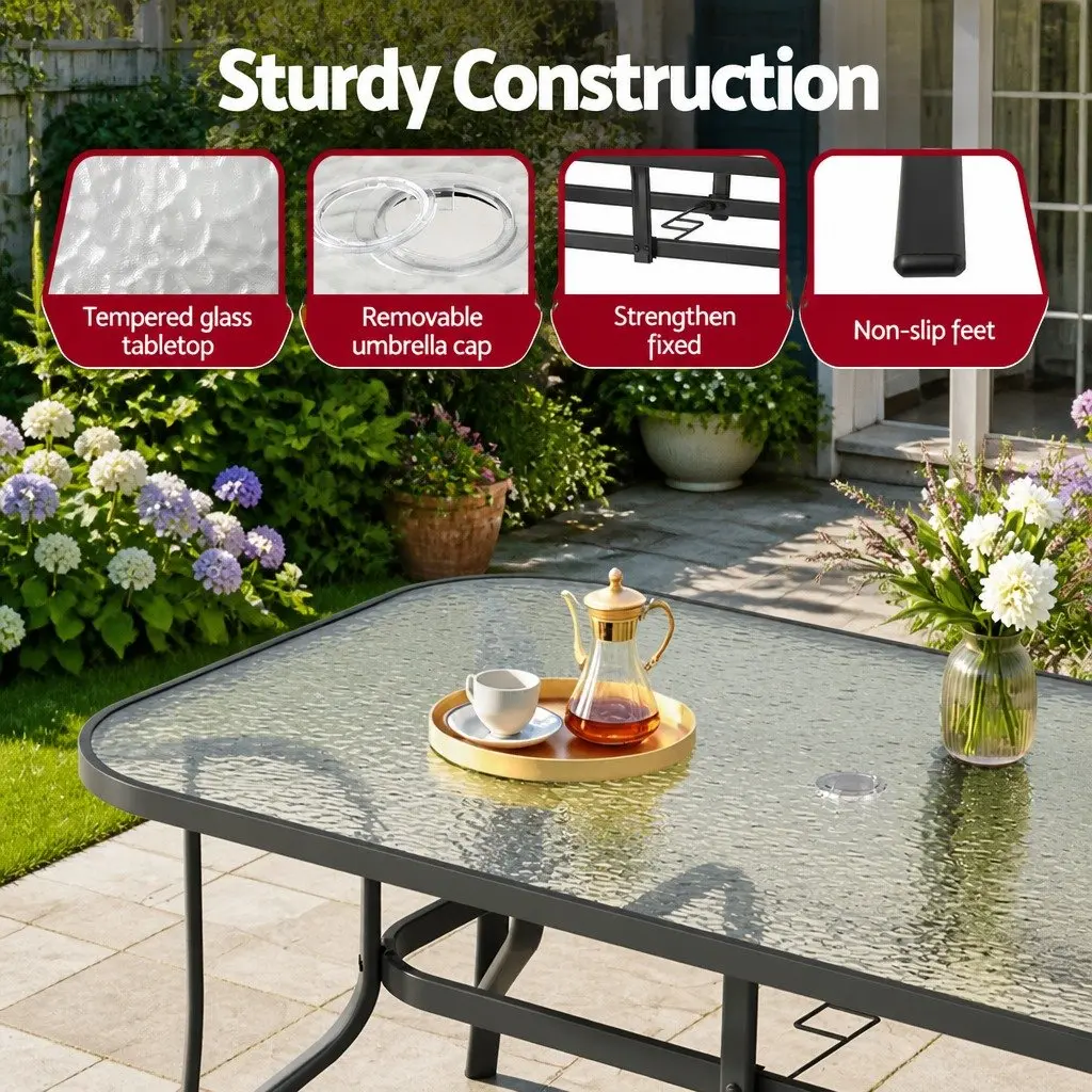 Outdoor Dining Table Steel Frame 140cm Black Tempered Glass
