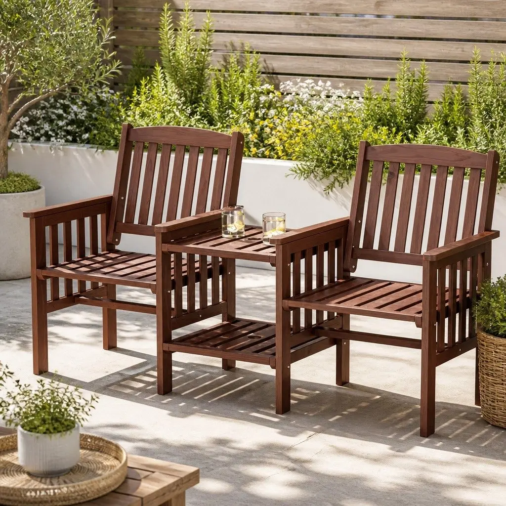 Outdoor Bench Wooden 2-Seater Loveseat Garden Furniture with Table Brown