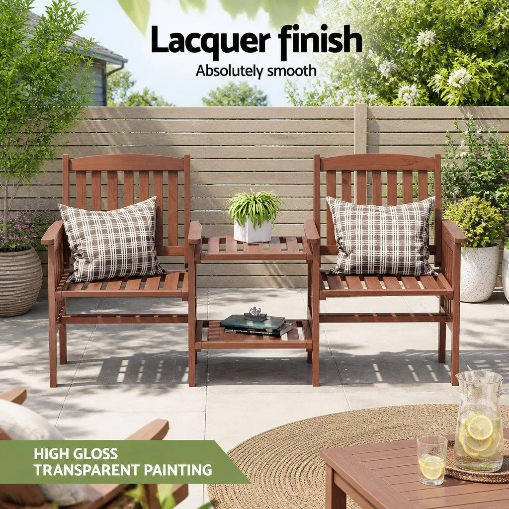 Outdoor Bench Wooden 2-Seater Loveseat Garden Furniture with Table Brown