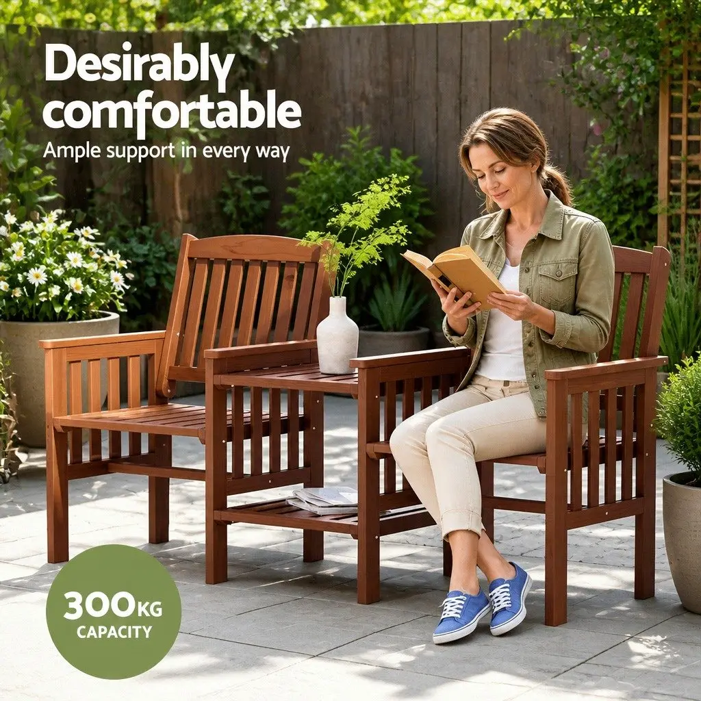 Outdoor Bench Wooden 2-Seater Loveseat Garden Furniture with Table Brown