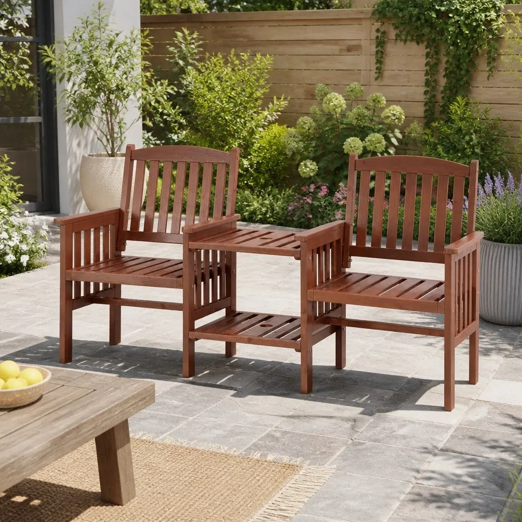 Outdoor Bench Wooden 2-Seater Loveseat Garden Furniture with Table Brown