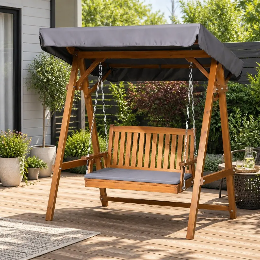 Swing Chair Garden Bench Canopy 2 Seater Outdoor Furniture Wooden Lounger
