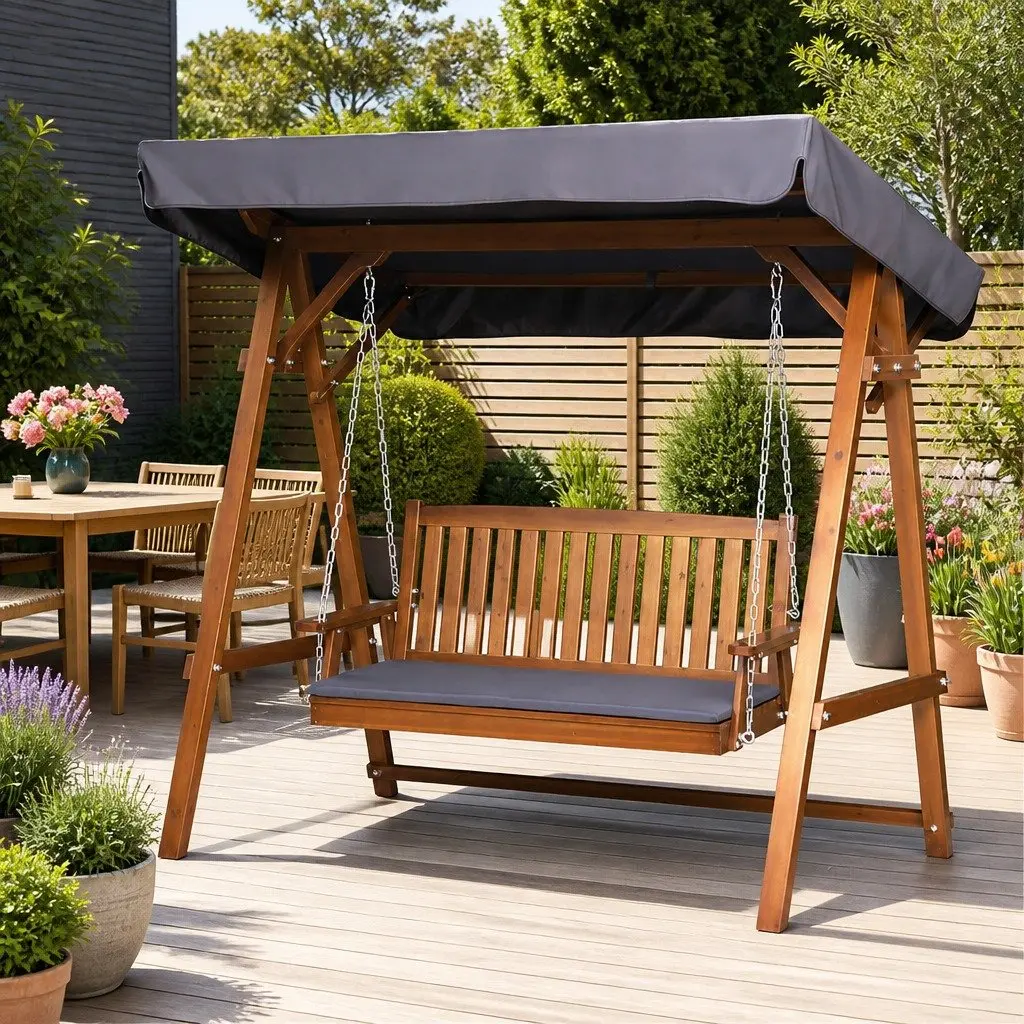 3 Seater Garden Swing Chair Fir Wood Teak with Adjustable Canopy Outdoor Patio Lounger