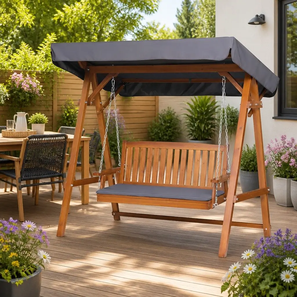 3 Seater Garden Swing Chair Fir Wood Teak with Adjustable Canopy Outdoor Patio Lounger