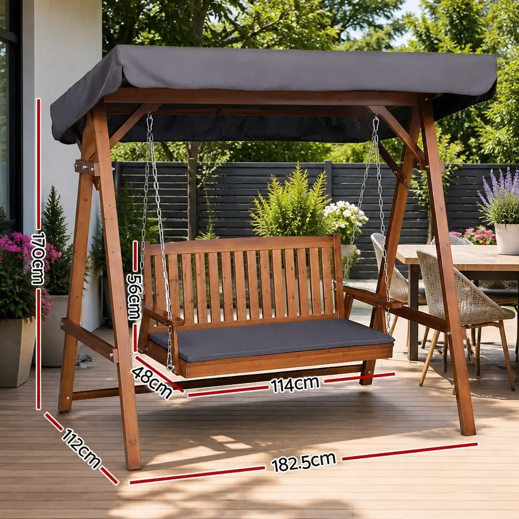 3 Seater Garden Swing Chair Fir Wood Teak with Adjustable Canopy Outdoor Patio Lounger