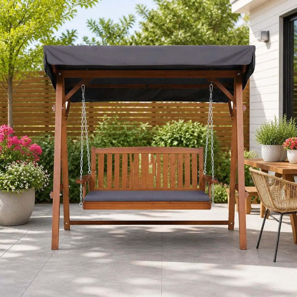 3 Seater Garden Swing Chair Fir Wood Teak with Adjustable Canopy Outdoor Patio Lounger