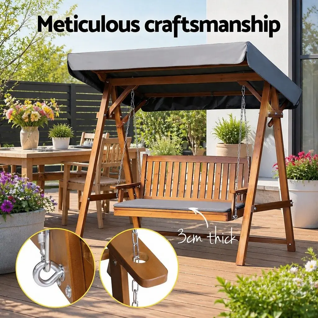 3 Seater Garden Swing Chair Fir Wood Teak with Adjustable Canopy Outdoor Patio Lounger