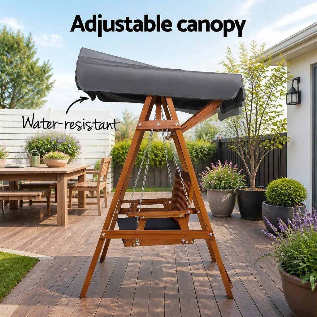 3 Seater Garden Swing Chair Fir Wood Teak with Adjustable Canopy Outdoor Patio Lounger