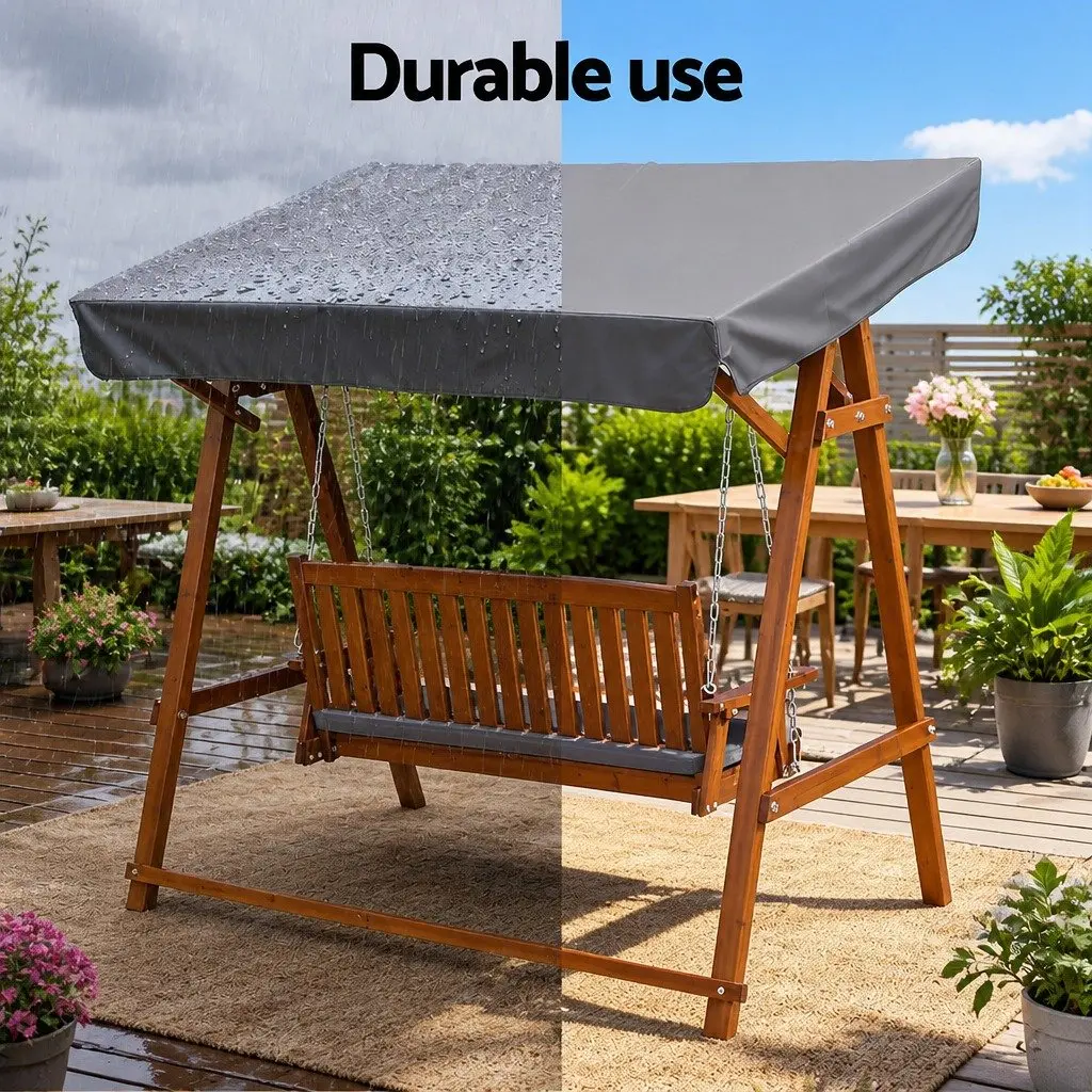 3 Seater Garden Swing Chair Fir Wood Teak with Adjustable Canopy Outdoor Patio Lounger