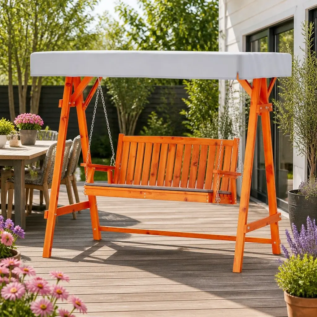 3 Seater Garden Swing Chair Fir Wood Teak with Adjustable Canopy Outdoor Patio Lounger