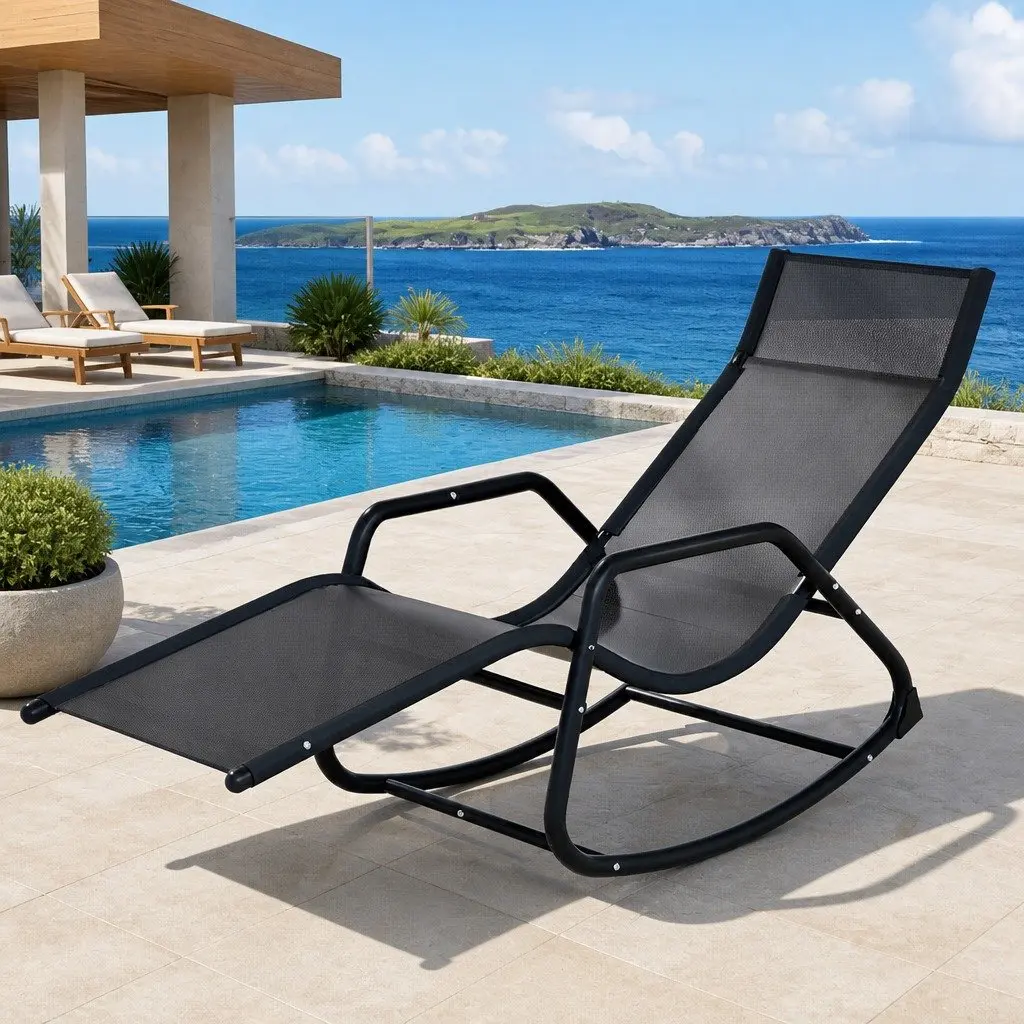 Rocking Lounge Chair Steel 155 x 60 x 84 cm Black Textilene Fabric