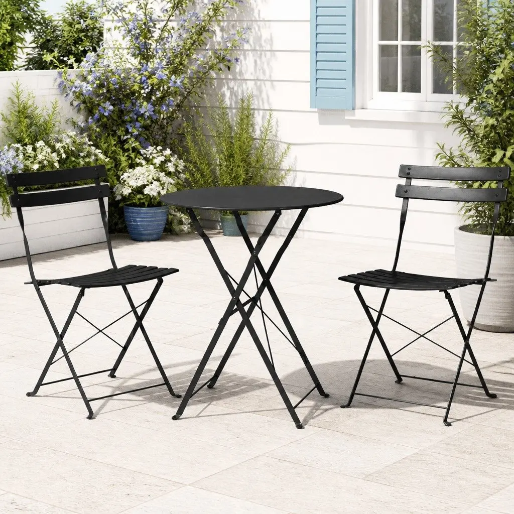 Outdoor Bistro Set Steel Foldable Table Chairs Black 3 Piece