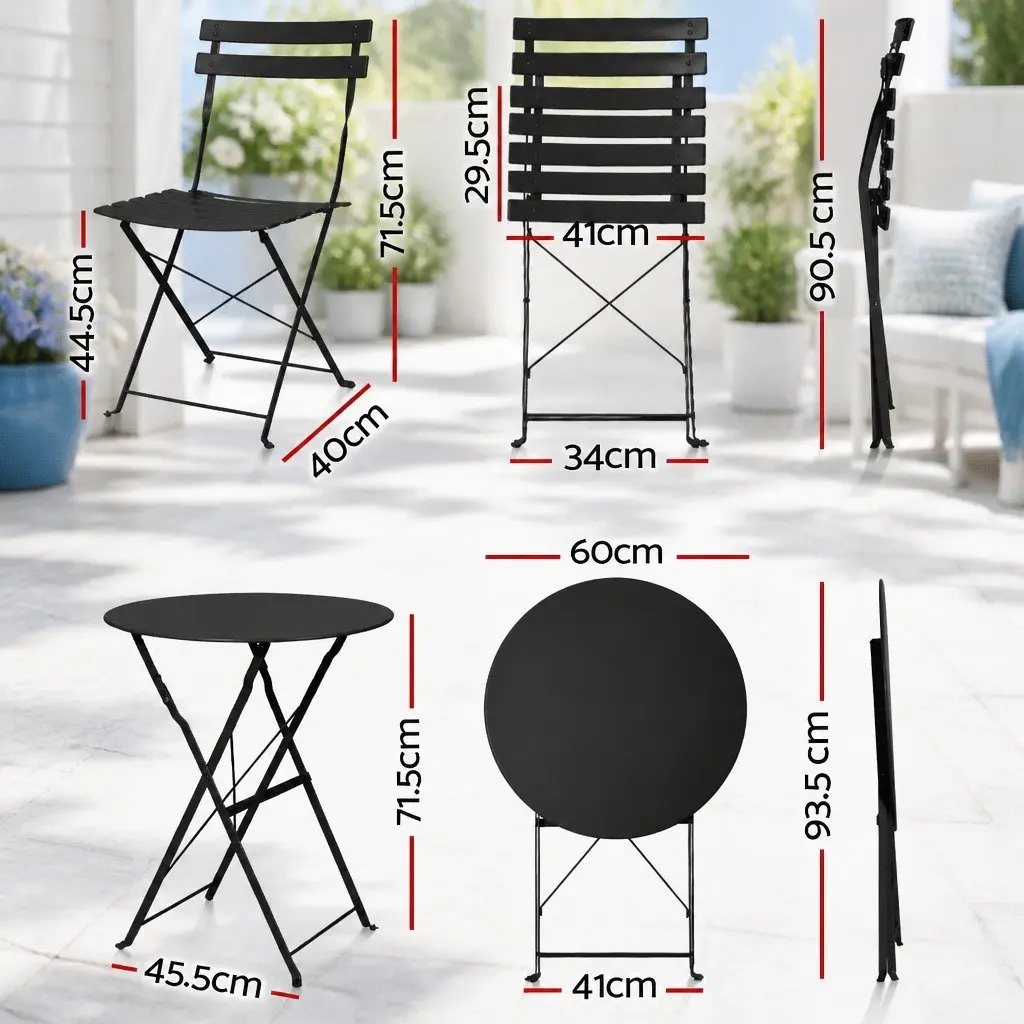 Outdoor Bistro Set Steel Foldable Table Chairs Black 3 Piece