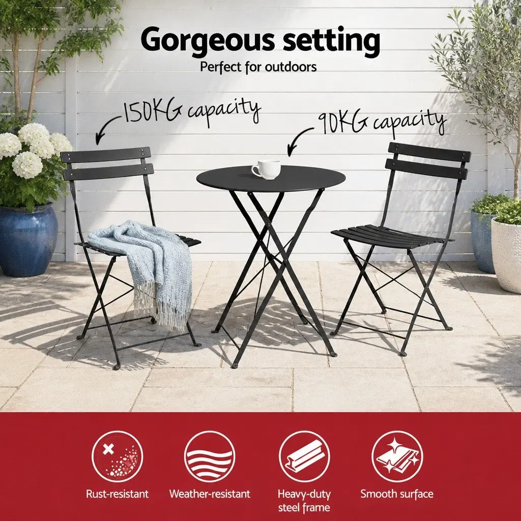 Outdoor Bistro Set Steel Foldable Table Chairs Black 3 Piece