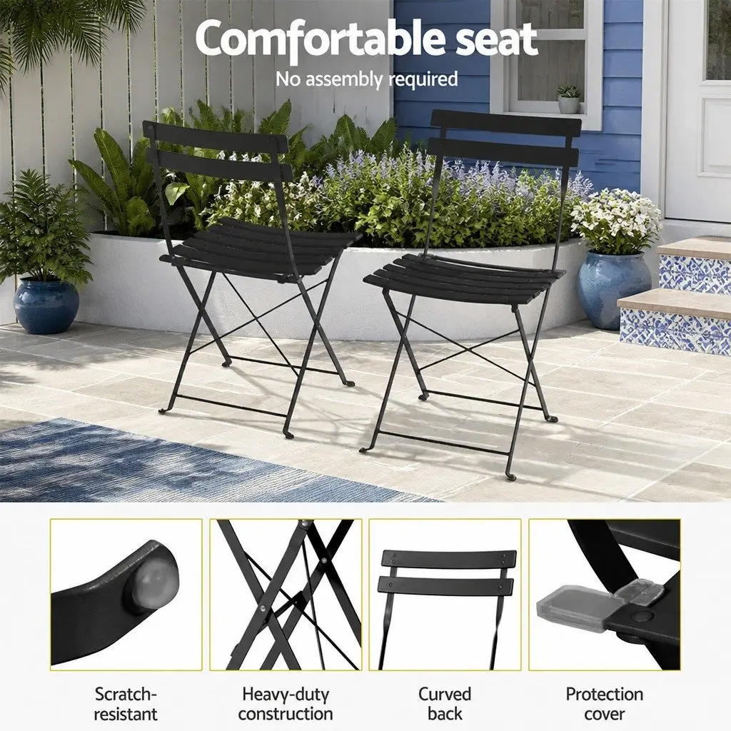 Outdoor Bistro Set Steel Foldable Table Chairs Black 3 Piece