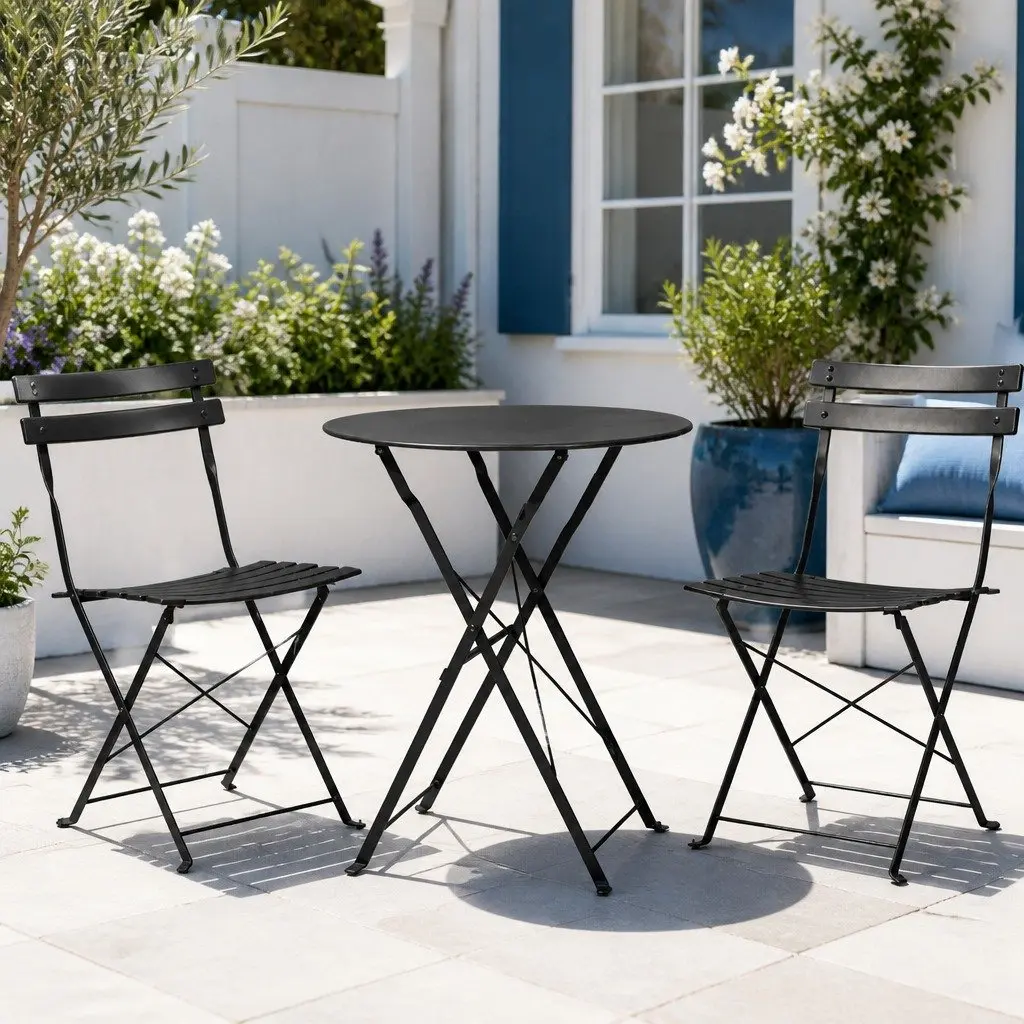 Outdoor Bistro Set Steel Foldable Table Chairs Black 3 Piece