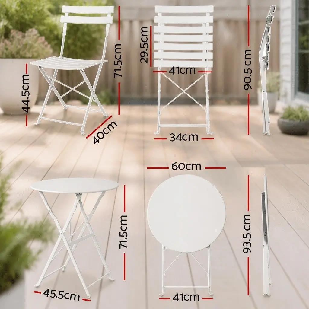 3 Piece Steel Bistro Set with Foldable Chairs