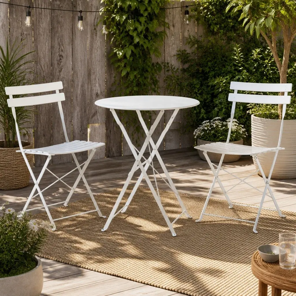 3 Piece Steel Bistro Set with Foldable Chairs