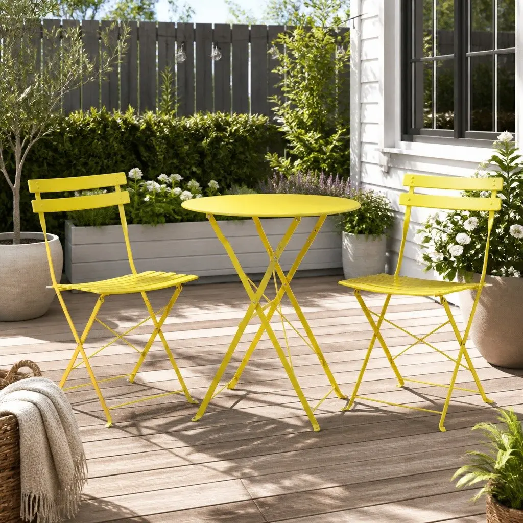 Outdoor Bistro Set Steel 3 Piece Foldable Table Chairs Yellow