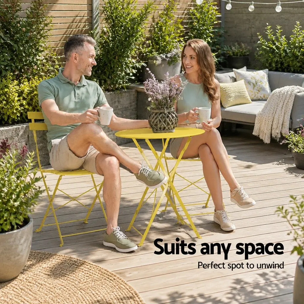 Outdoor Bistro Set Steel 3 Piece Foldable Table Chairs Yellow