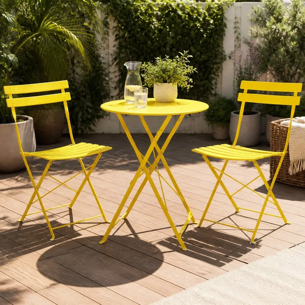 Outdoor Bistro Set Steel 3 Piece Foldable Table Chairs Yellow