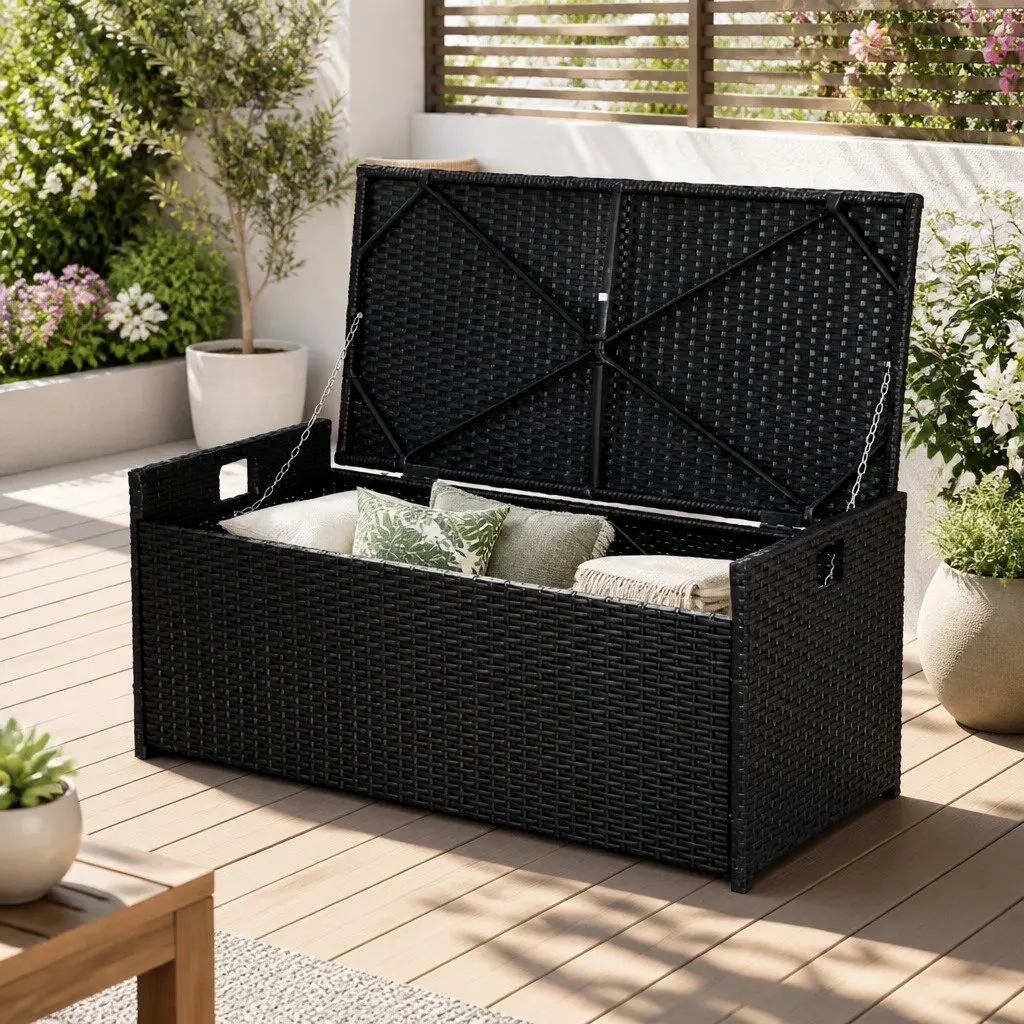 Outdoor Storage Bench Box Wicker Garden Patio Furniture Seat with Cushion Black