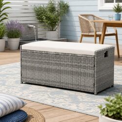 Grey Wicker Outdoor Storage Bench for Patio and Garden