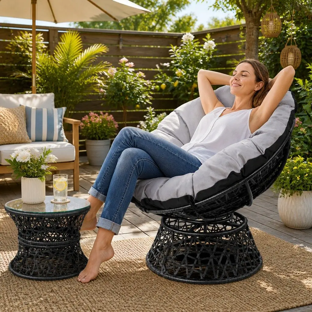 Papasan Chair Wicker Side Table Set Outdoor Garden Furniture Black
