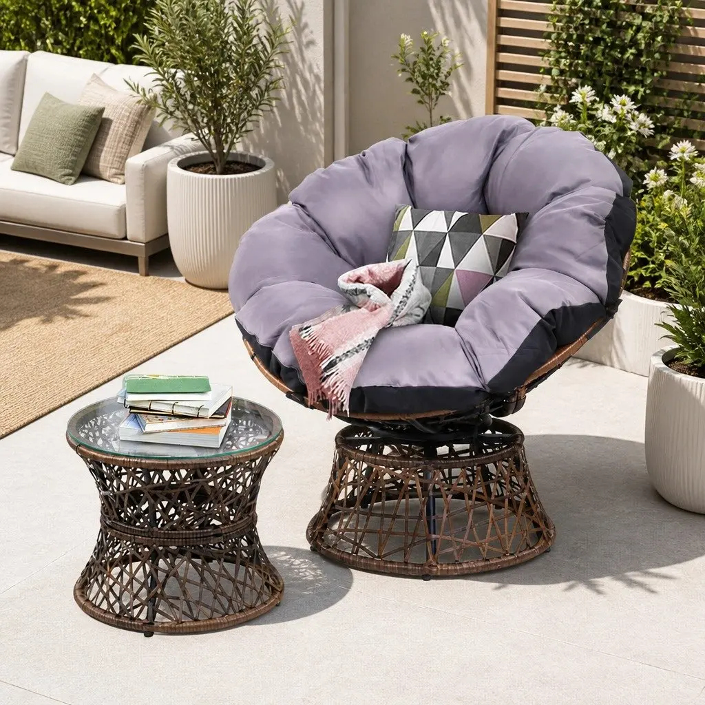 Papasan Chair and Side Table Set PE Wicker Steel Brown