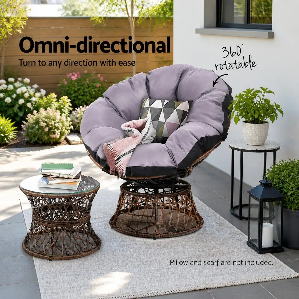 Papasan Chair and Side Table Set PE Wicker Steel Brown