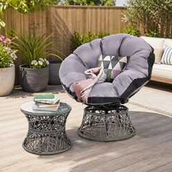 Grey Wicker Papasan Chair with Side Table Set for Outdoors