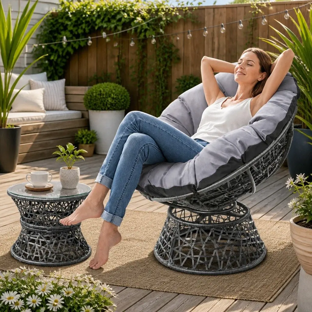 Papasan Chair and Side Table Set PE Wicker Grey Outdoor Garden Lounge Furniture