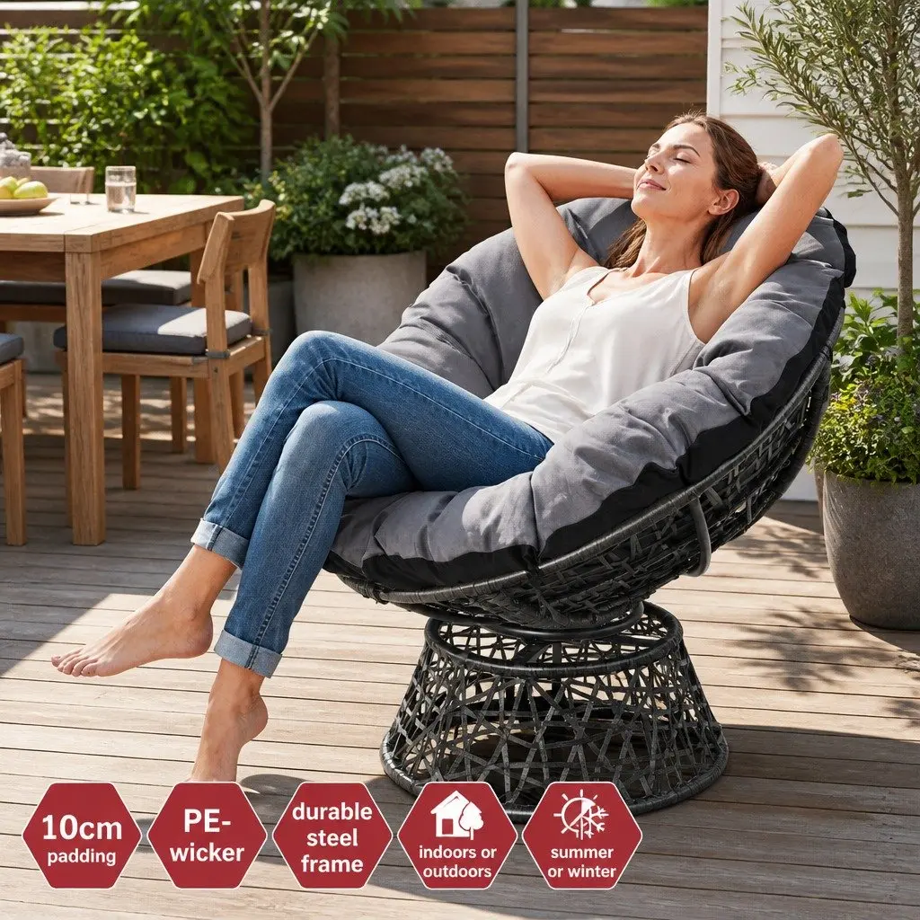 Papasan Chair PE Wicker 85cm x 73cm x 89cm Black