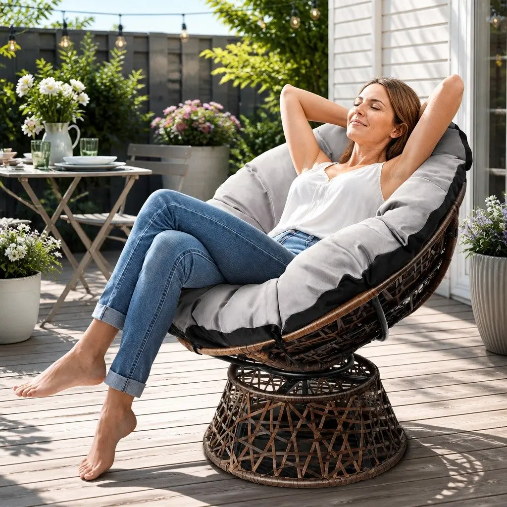 Papasan Chair PE Wicker 85cm Brown Outdoor Rotatable Garden Relaxation Seat