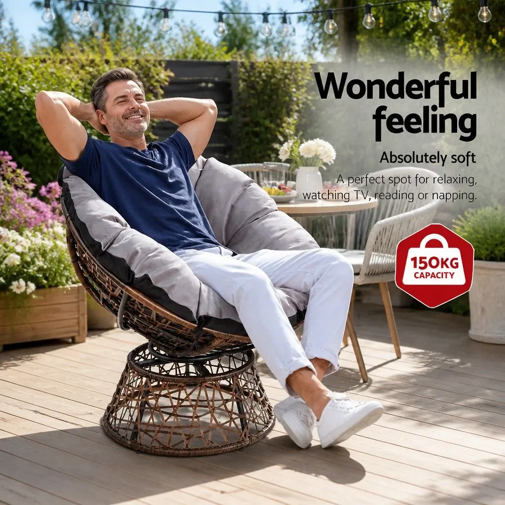 Papasan Chair PE Wicker 85cm Brown Outdoor Rotatable Garden Relaxation Seat