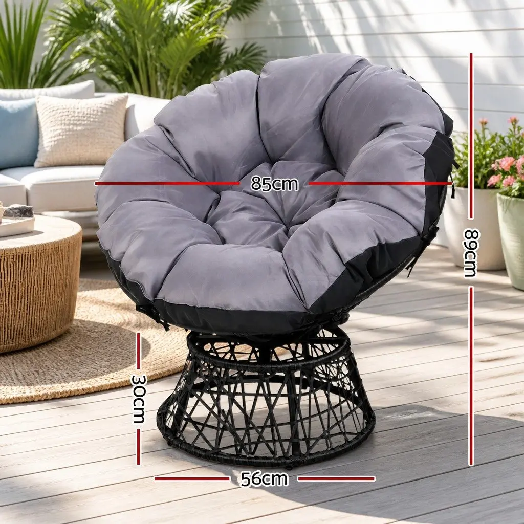 Papasan Chair and Side Table Set PE Wicker Black Outdoor Furniture