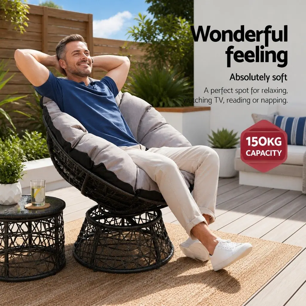 Papasan Chair and Side Table Set PE Wicker Black Outdoor Furniture