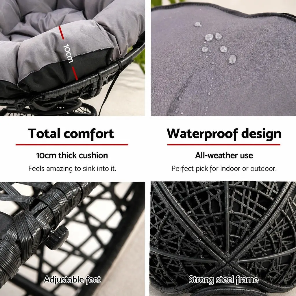 Papasan Chair and Side Table Set PE Wicker Black Outdoor Furniture